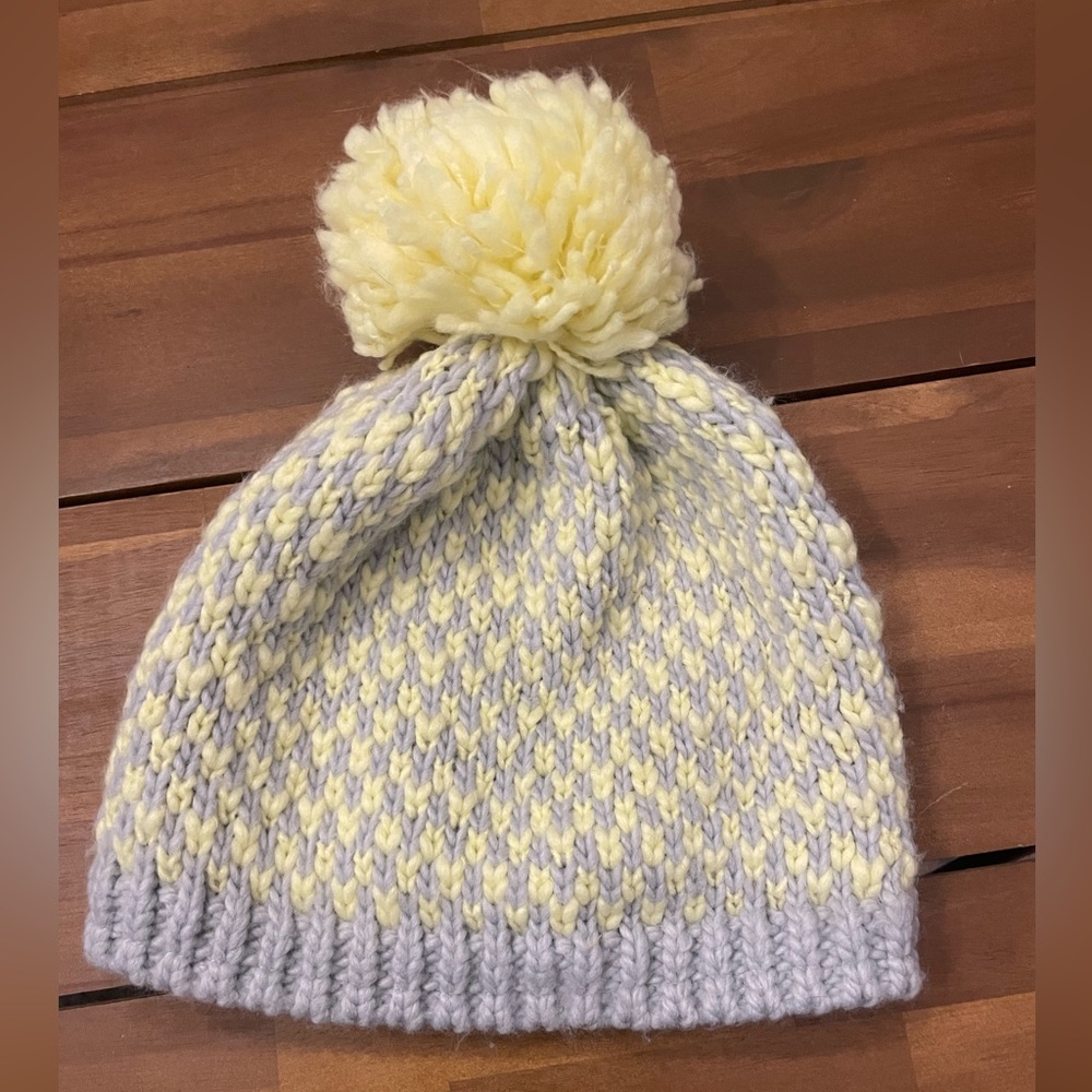 Knitted grey and yellow Pom Pom winter hat